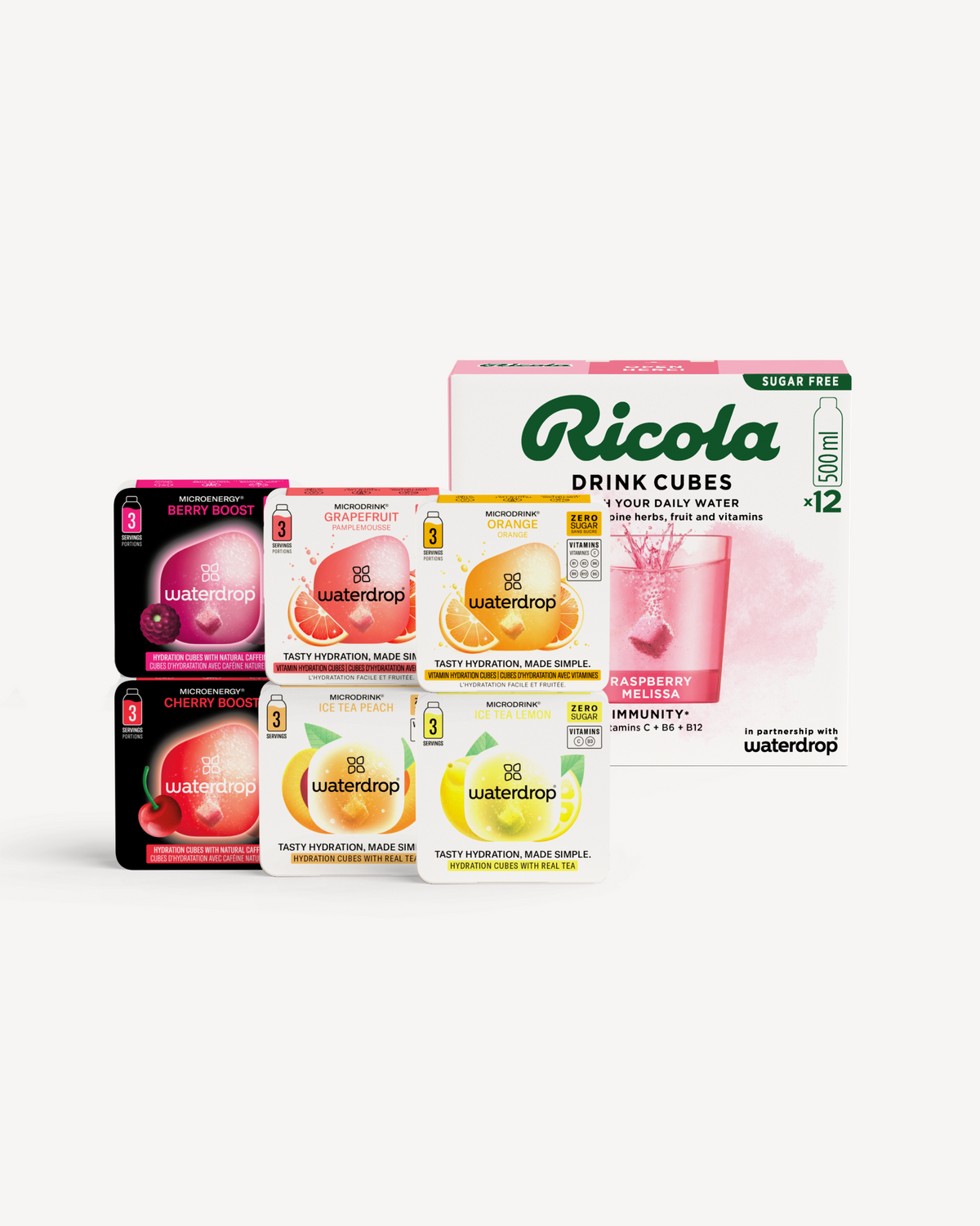 waterdrop® x Ricola Taster Set with flavored hydration cubes.