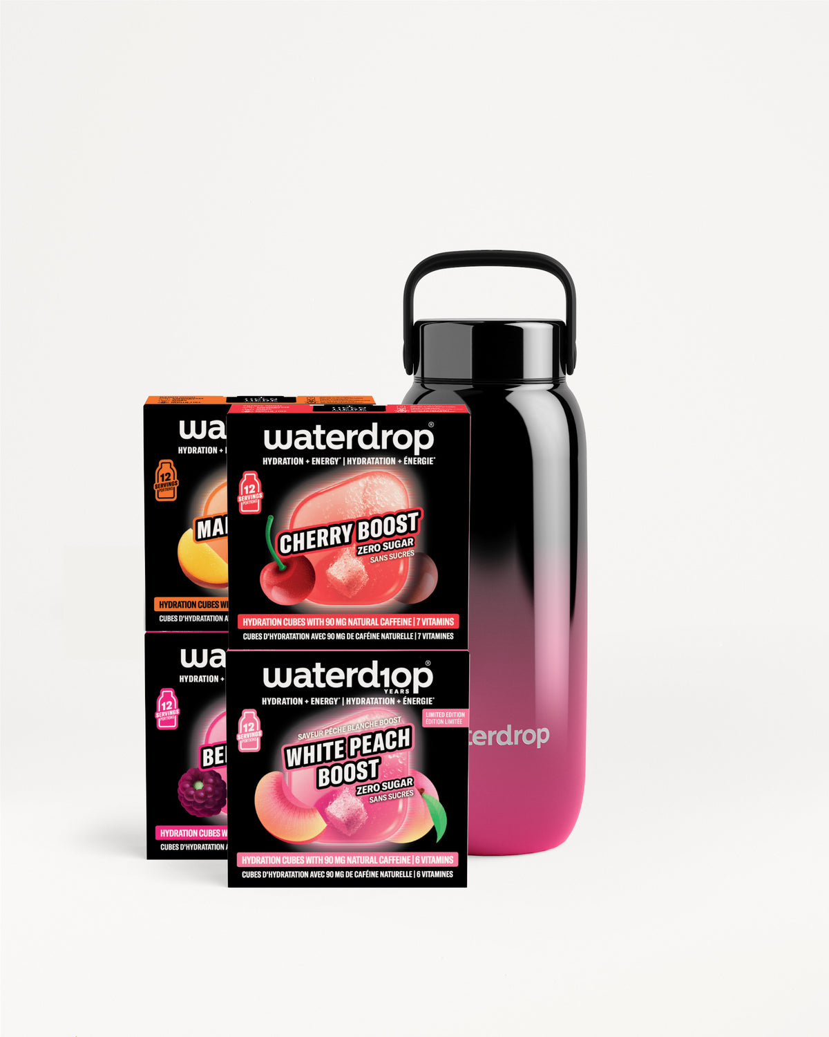 Skup Waterdrop dodataka za okus i boca s gradientom od ružičaste do crne.