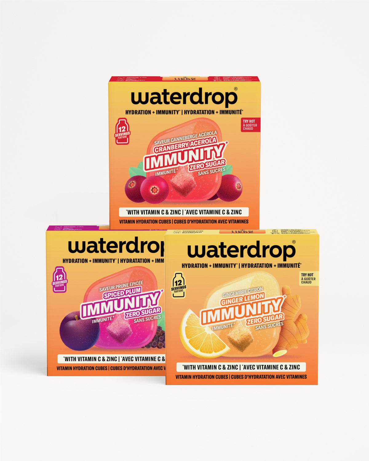 Tri Waterdrop kutije proizvoda složene na bijeloj pozadini.