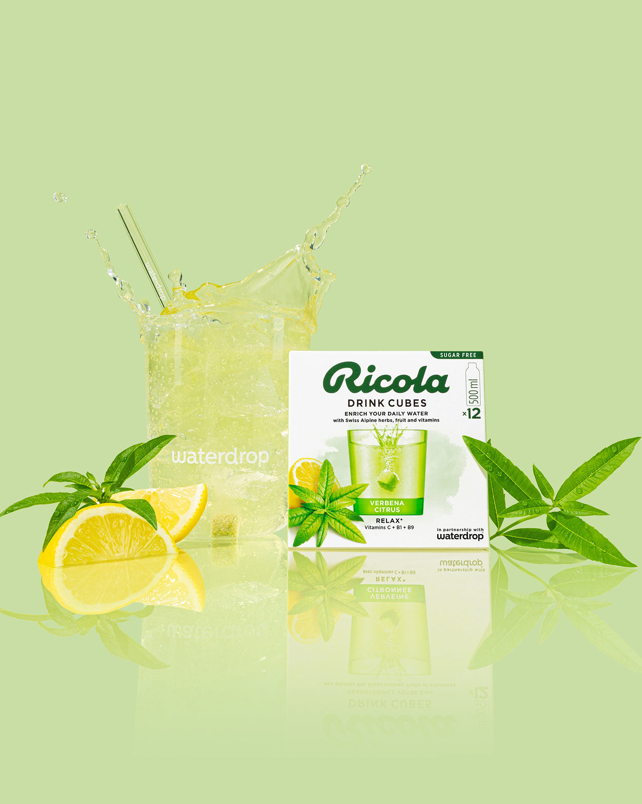Ricola Discovery Set: Verbena Citrus drink cubes with branded glass.