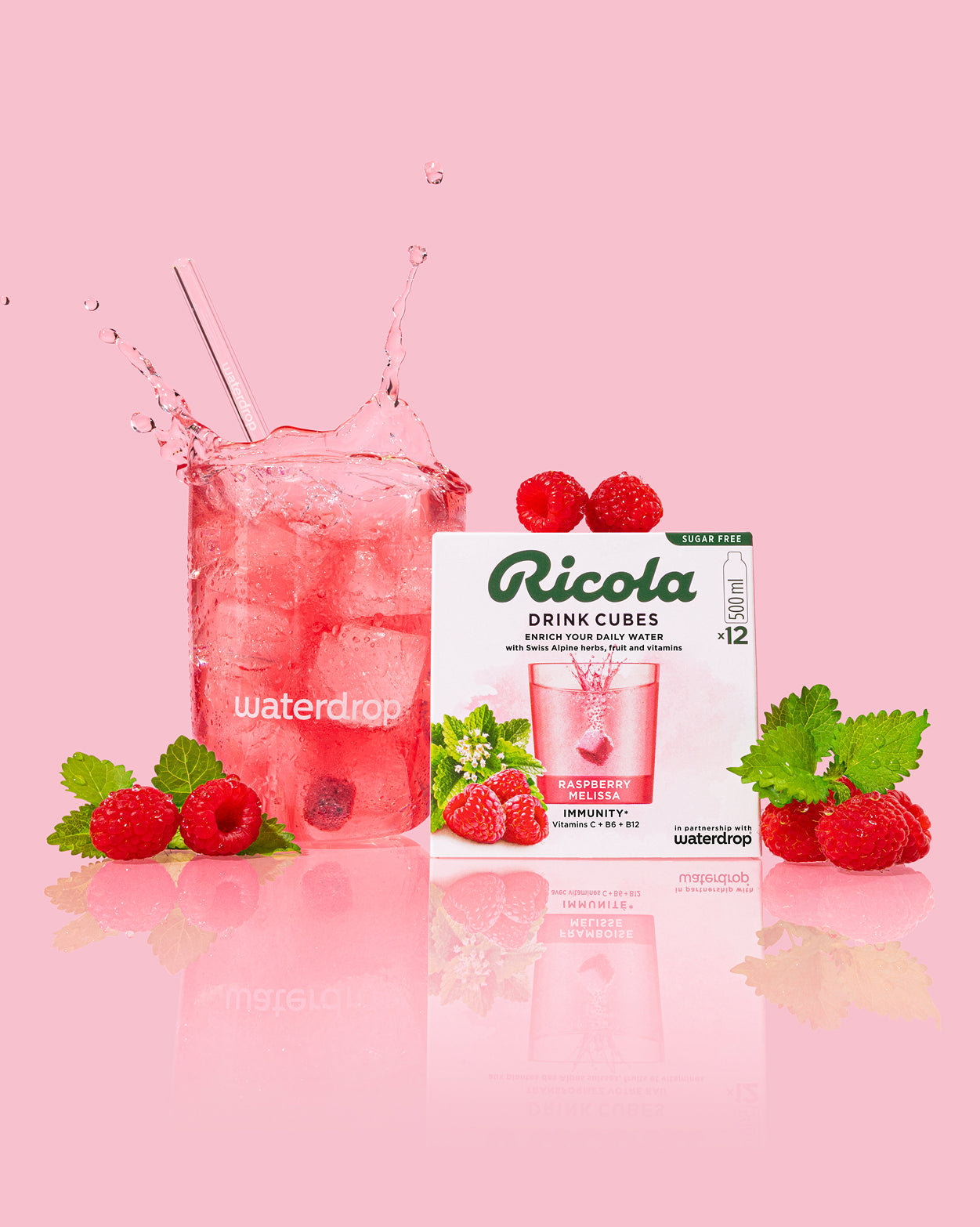 Raspberry Melissa Immunity+ drink with Ricola Drink Cubes.