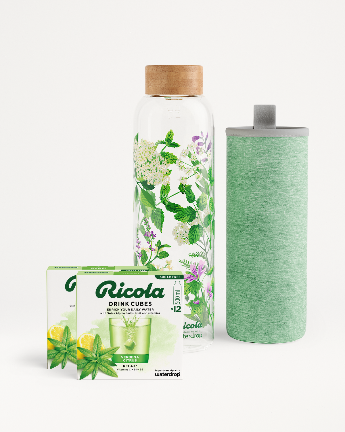 Ricola Bottle Set: Hydration kit with glass bottle, herb cubes.