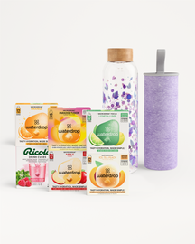 Hydration Megapack Bottle Set: Waterdrop and Ricola drink cubes, glass bottle.