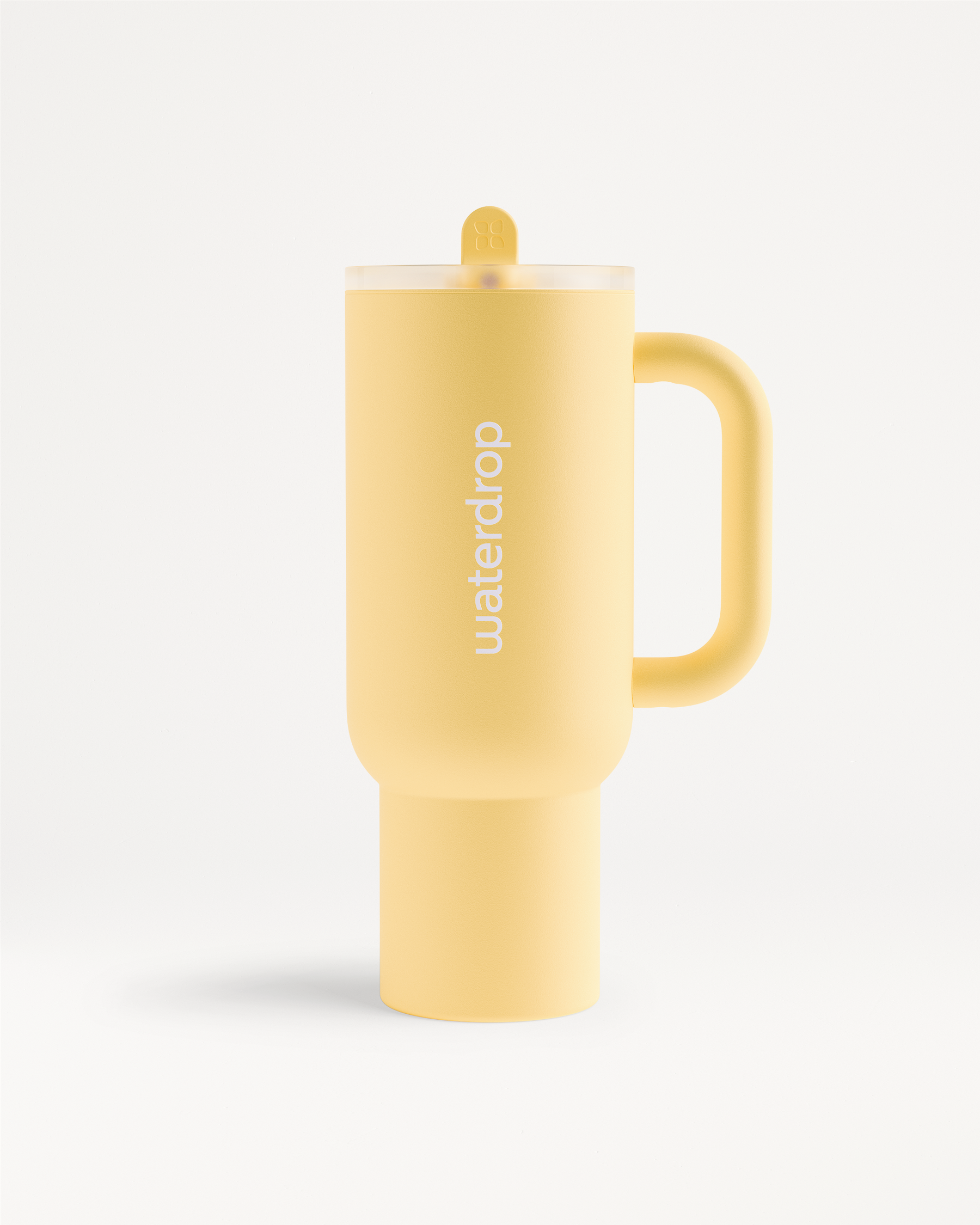 Butter Yellow Explorer Thermo Tumbler with handle and flip-open straw.
