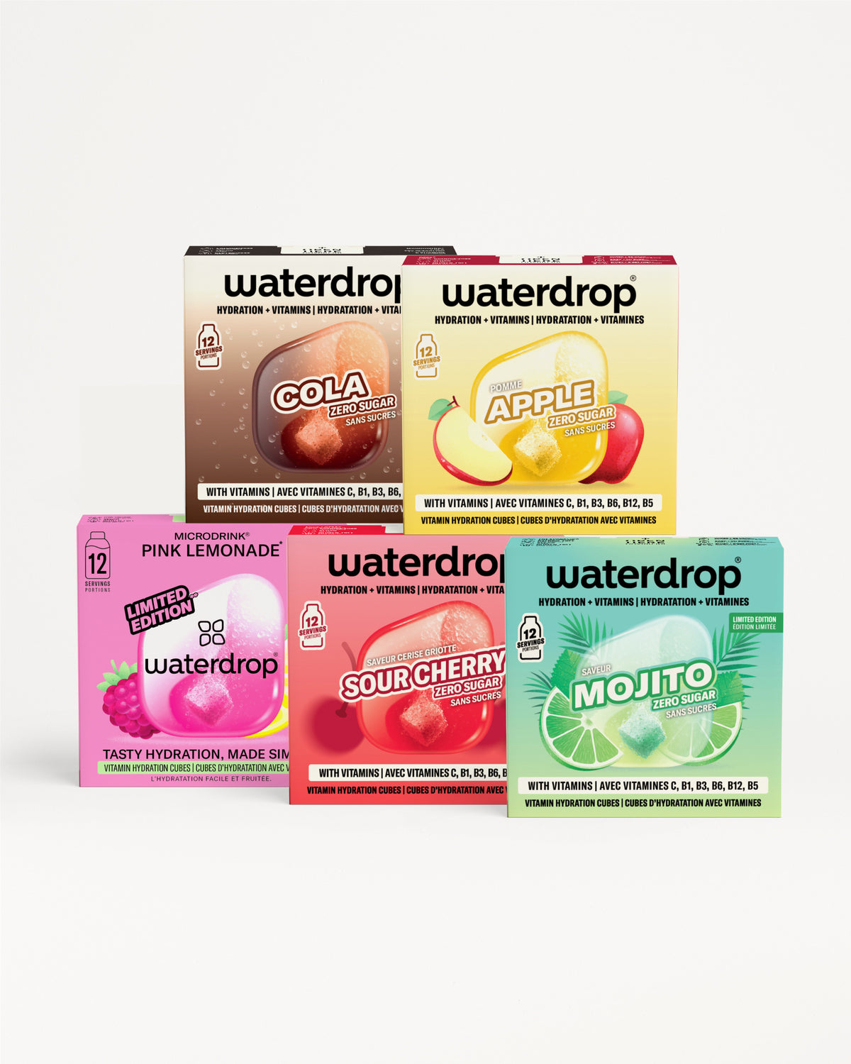 Raznobojne Waterdrop kutije prikazane u složenom prikazu.