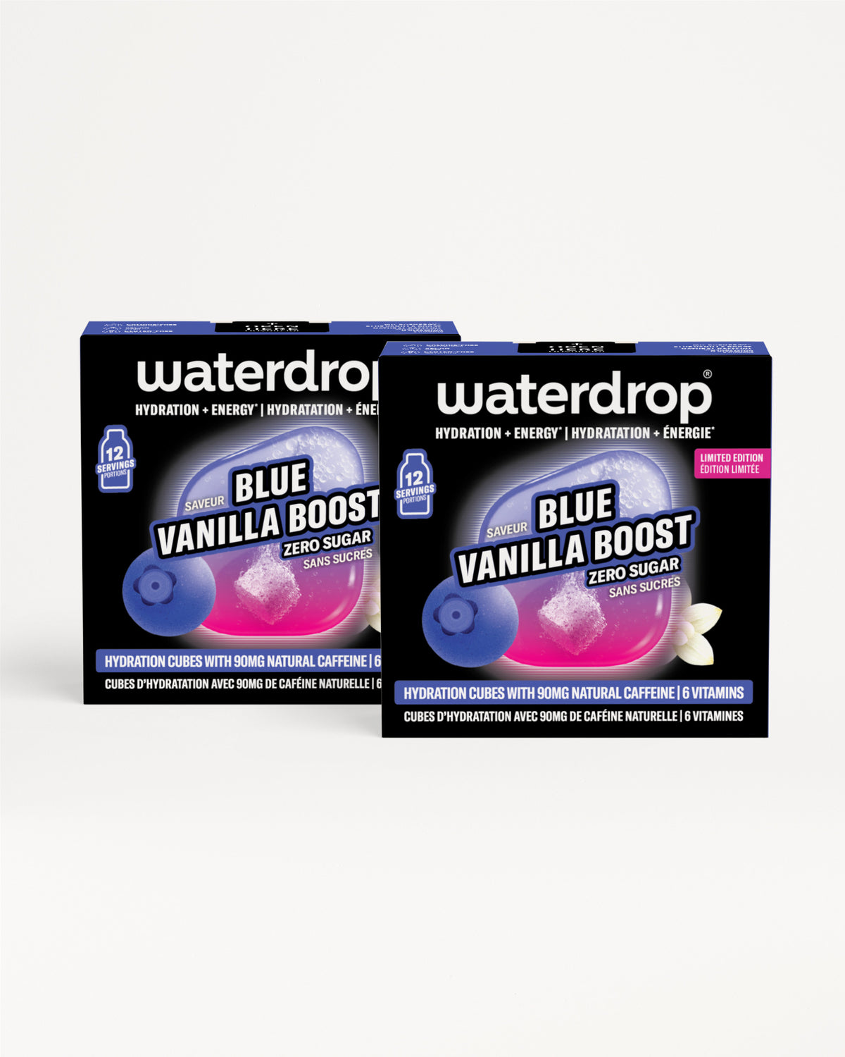 Dve plave kutije Blue Vanilla Boost hidratacijskih kocke na bijeloj pozadini.