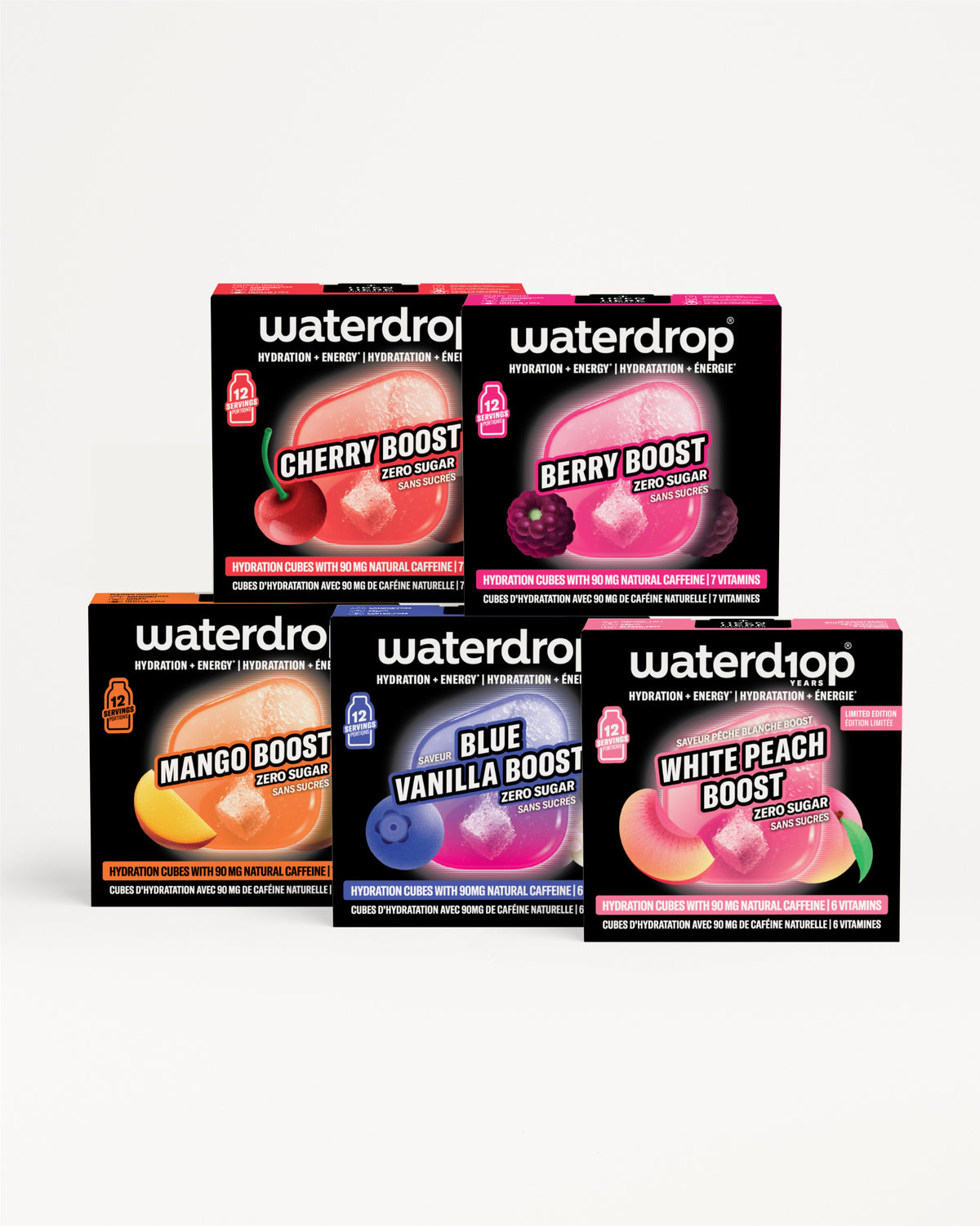 Skupina kutija Waterdrop Flavor Boost raspoređena u dva reda.