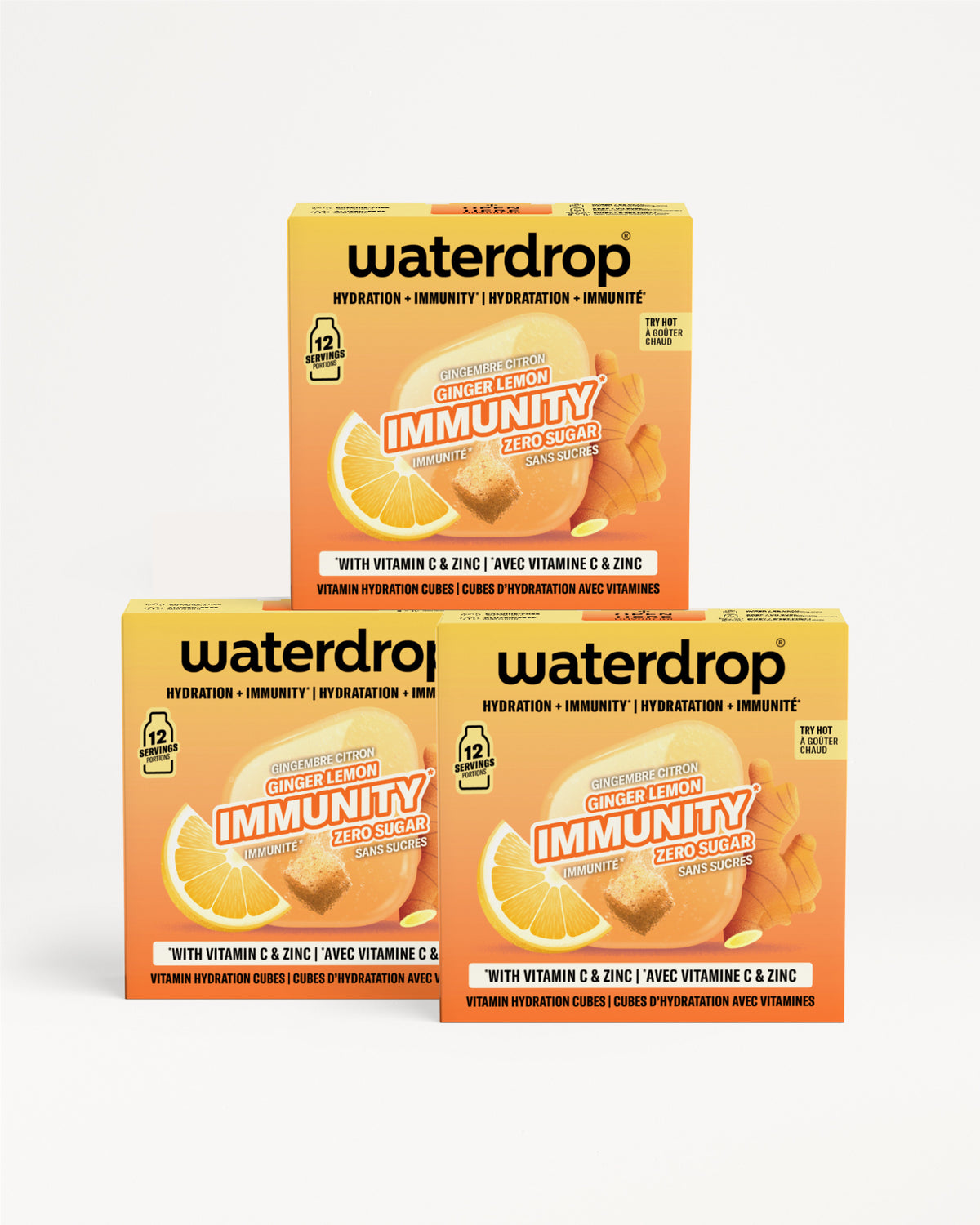 Tri narančaste kutije Waterdrop Immunity s vitaminom C i cinkom, poredane u piramidu.