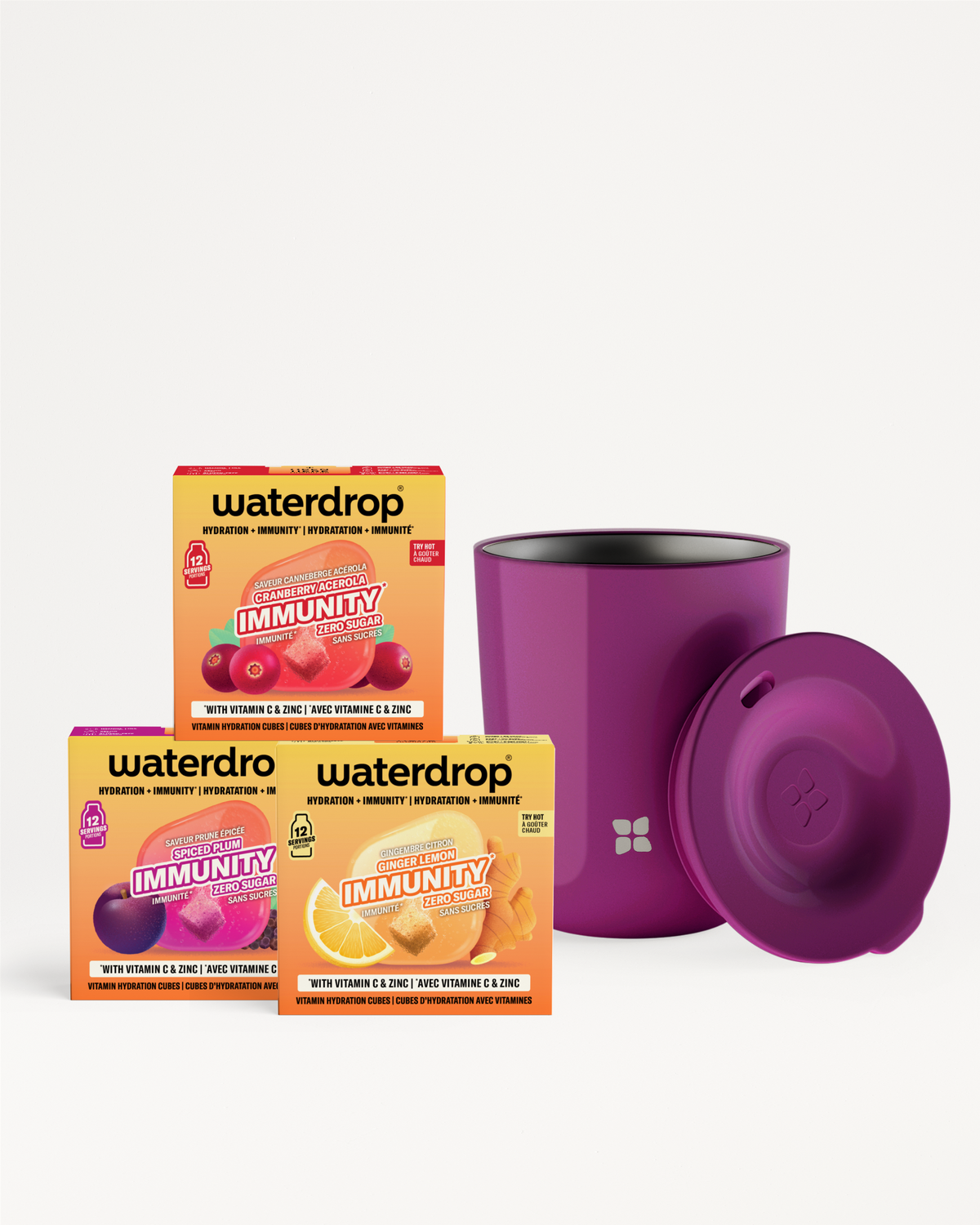 Tri kutije Waterdrop Immunity uz ljubičastu izoliranu šalice s poklopcem.
