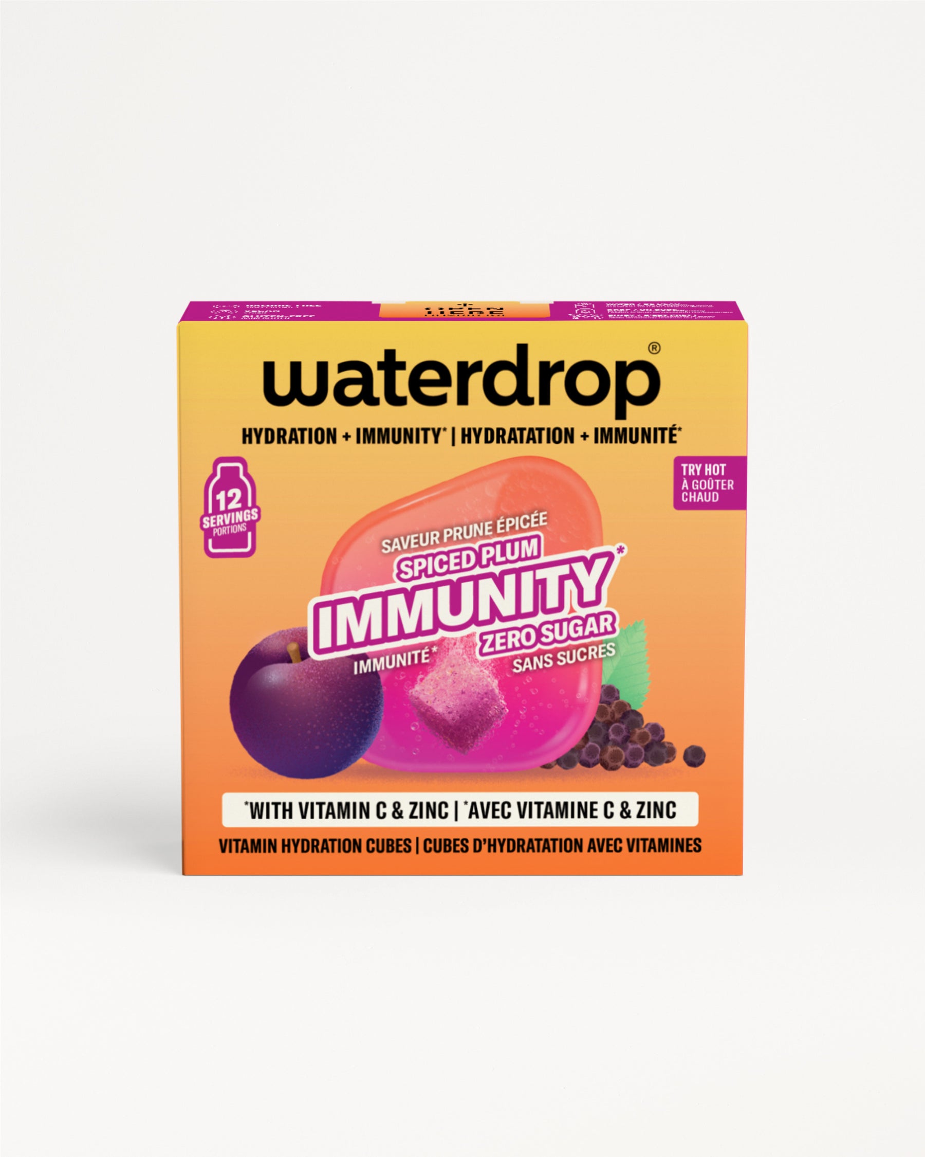 Žuta i ljubičasta kutija Waterdrop imunost vitamin kockice na bijeloj pozadini.